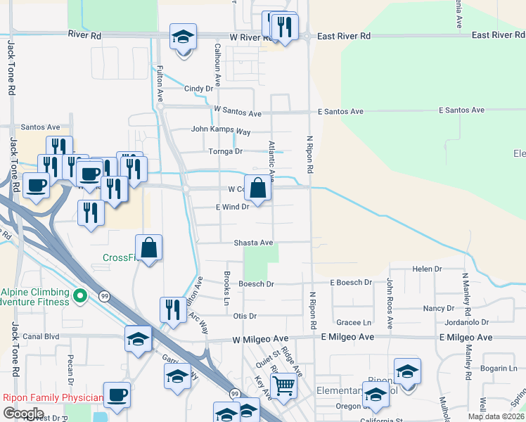 map of restaurants, bars, coffee shops, grocery stores, and more near 264 East Wind Drive in Ripon