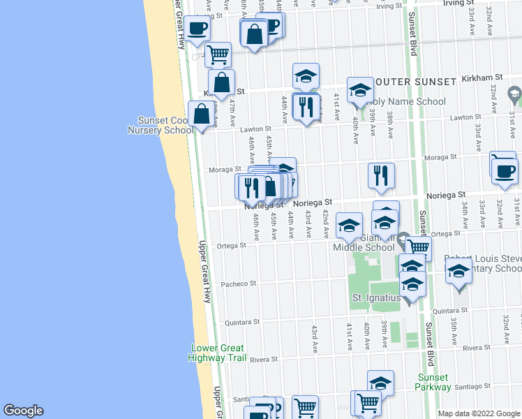 map of restaurants, bars, coffee shops, grocery stores, and more near 1776 46th Avenue in San Francisco