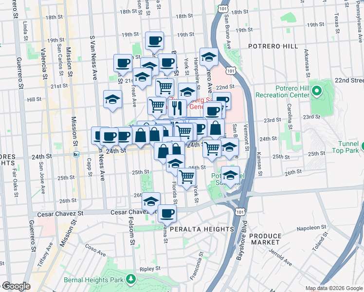 map of restaurants, bars, coffee shops, grocery stores, and more near 24th St & Bryant St in San Francisco