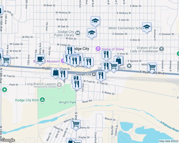 map of restaurants, bars, coffee shops, grocery stores, and more near in Dodge City