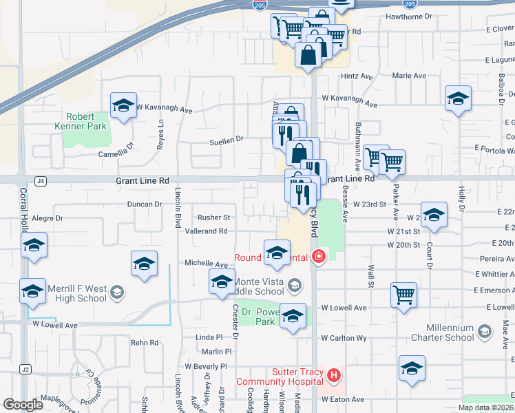 map of restaurants, bars, coffee shops, grocery stores, and more near 950 Grant Line Road in Tracy