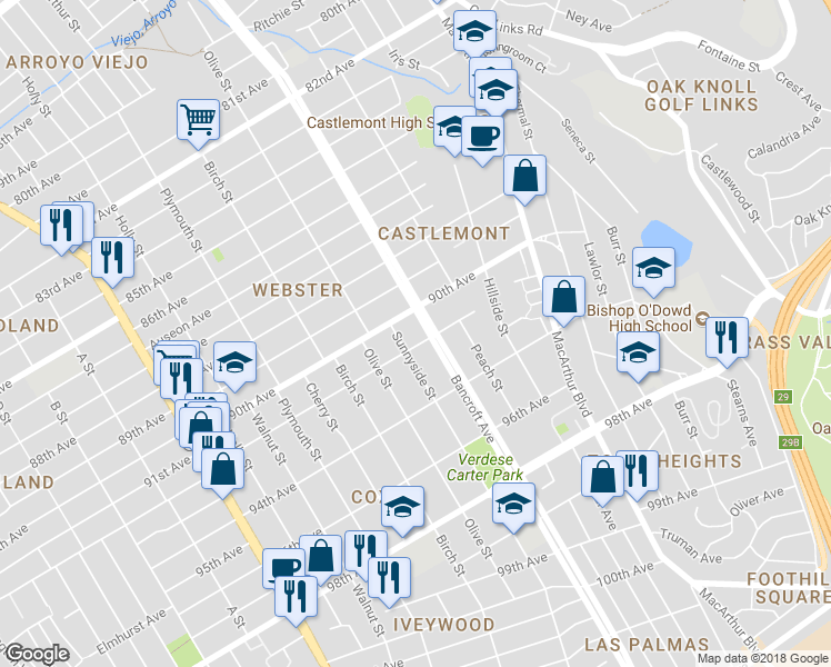 map of restaurants, bars, coffee shops, grocery stores, and more near 2123 90th Avenue in Oakland