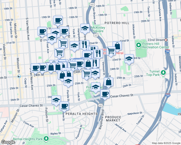 map of restaurants, bars, coffee shops, grocery stores, and more near 2704 24th Street in San Francisco