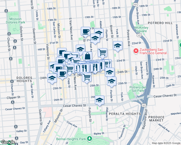 map of restaurants, bars, coffee shops, grocery stores, and more near 1040 Treat Avenue in San Francisco