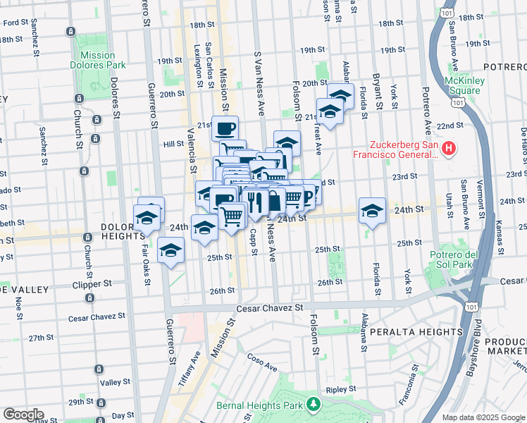 map of restaurants, bars, coffee shops, grocery stores, and more near 1218 South Van Ness Avenue in San Francisco