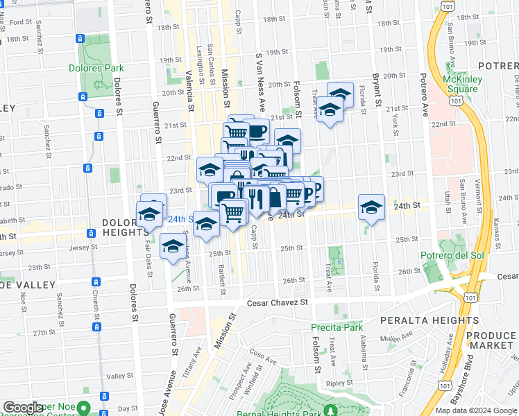 map of restaurants, bars, coffee shops, grocery stores, and more near 1218 South Van Ness Avenue in San Francisco