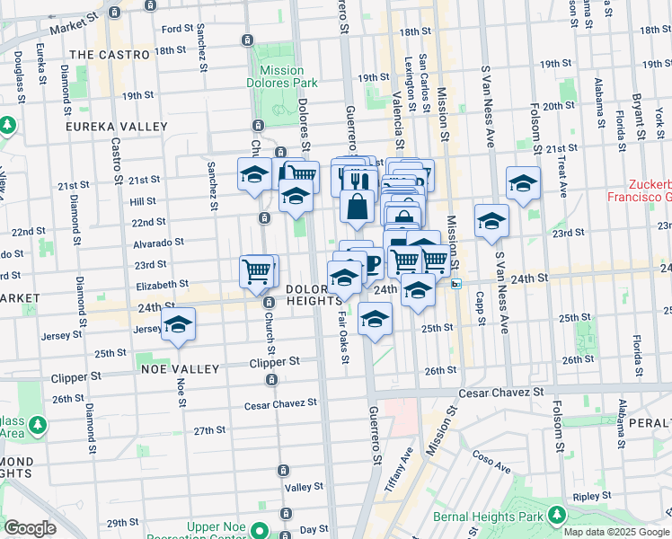 map of restaurants, bars, coffee shops, grocery stores, and more near 189 Fair Oaks Street in San Francisco