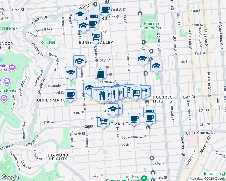 map of restaurants, bars, coffee shops, grocery stores, and more near 535 Alvarado Street in San Francisco