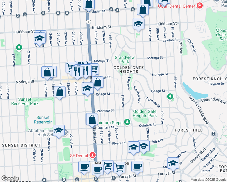 map of restaurants, bars, coffee shops, grocery stores, and more near 1849 16th Avenue in San Francisco