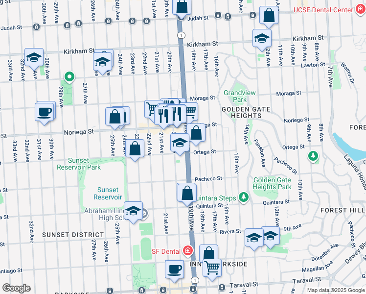 map of restaurants, bars, coffee shops, grocery stores, and more near 1845 19th Avenue in San Francisco