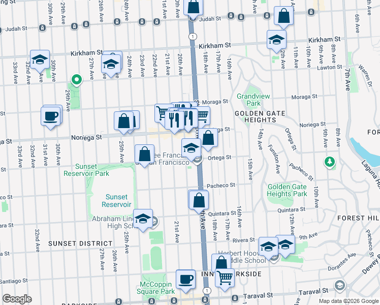 map of restaurants, bars, coffee shops, grocery stores, and more near 1845 19th Avenue in San Francisco