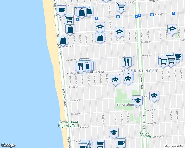 map of restaurants, bars, coffee shops, grocery stores, and more near 1775 44th Avenue in San Francisco