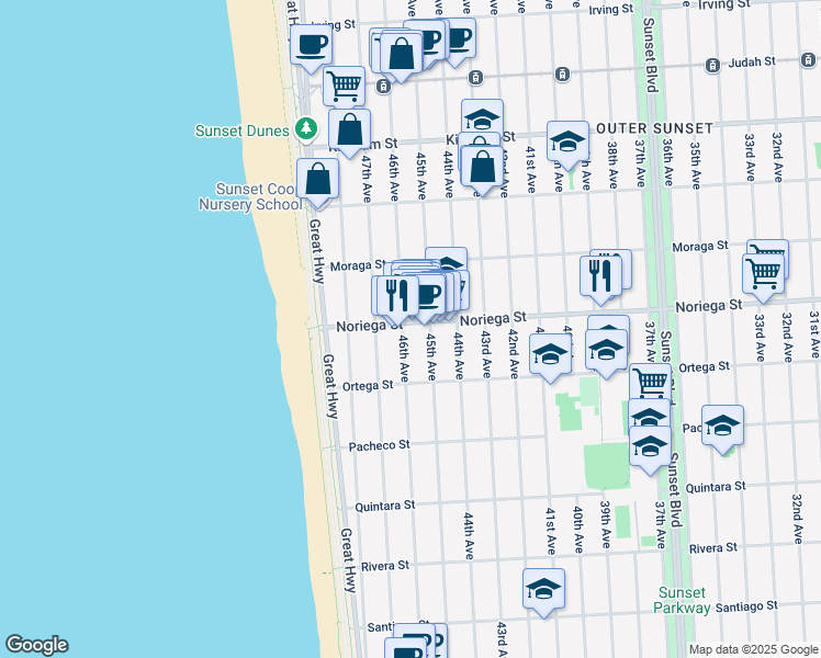 map of restaurants, bars, coffee shops, grocery stores, and more near 1776 46th Avenue in San Francisco