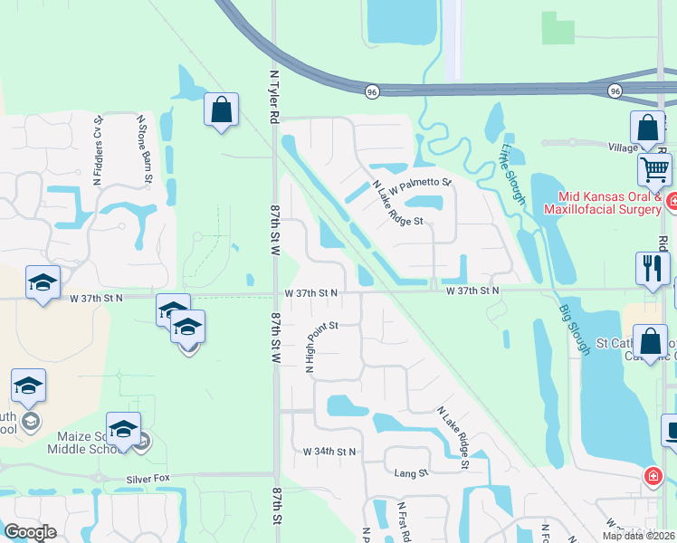 map of restaurants, bars, coffee shops, grocery stores, and more near 3832 North Pepper Ridge Street in Wichita