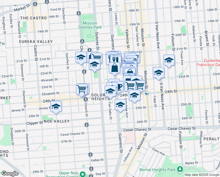 map of restaurants, bars, coffee shops, grocery stores, and more near 223 Fair Oaks Street in San Francisco