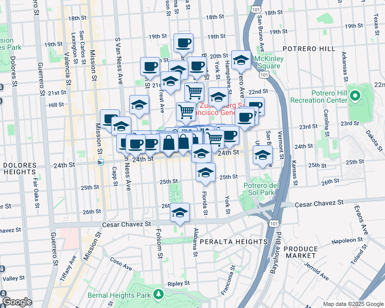 map of restaurants, bars, coffee shops, grocery stores, and more near 2944 24th Street in San Francisco