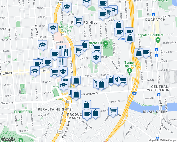 map of restaurants, bars, coffee shops, grocery stores, and more near 1351 De Haro Street in San Francisco