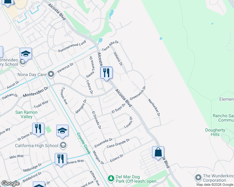 map of restaurants, bars, coffee shops, grocery stores, and more near 3360 Montevideo Drive in San Ramon