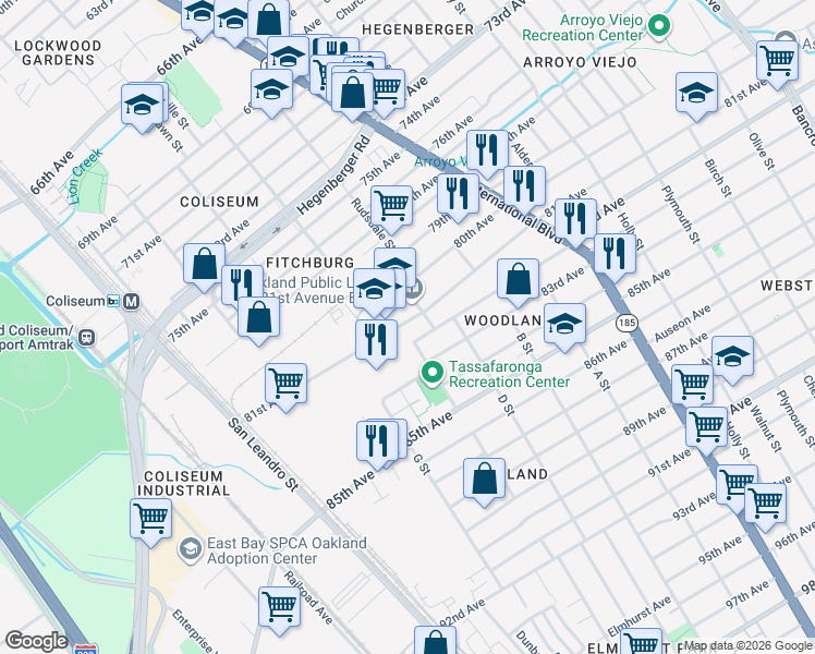 map of restaurants, bars, coffee shops, grocery stores, and more near 1000 81st Avenue in Oakland