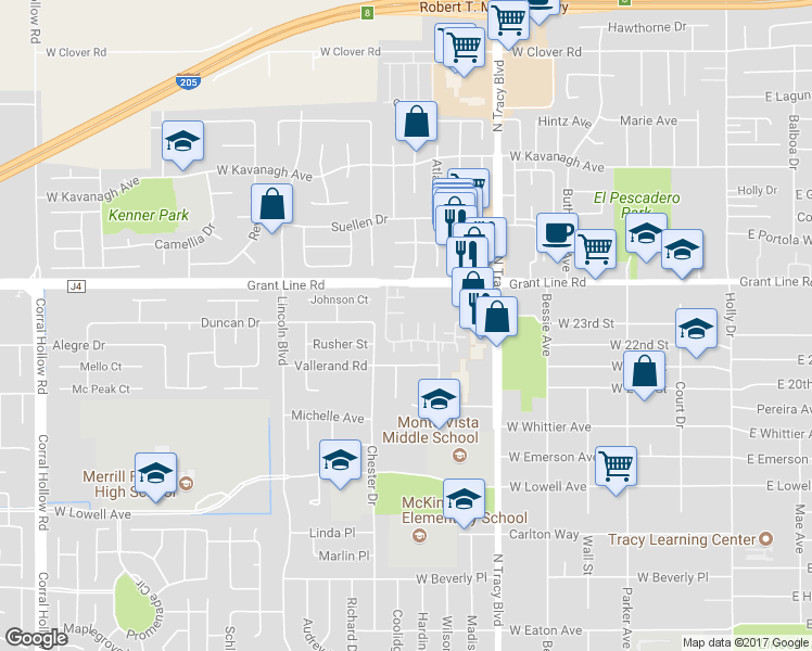map of restaurants, bars, coffee shops, grocery stores, and more near 950 Grant Line Road in Tracy