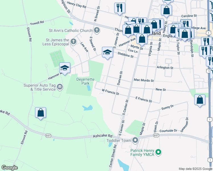 map of restaurants, bars, coffee shops, grocery stores, and more near 211 Race Course Street in Ashland