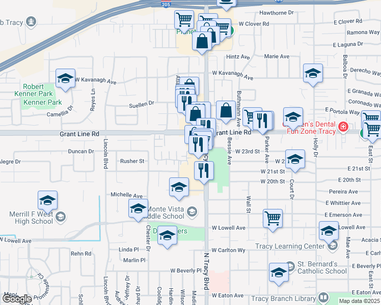 map of restaurants, bars, coffee shops, grocery stores, and more near 752 Breezewood Court in Tracy