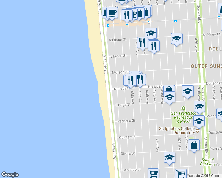 map of restaurants, bars, coffee shops, grocery stores, and more near Great Highway & Noriega Street in San Francisco