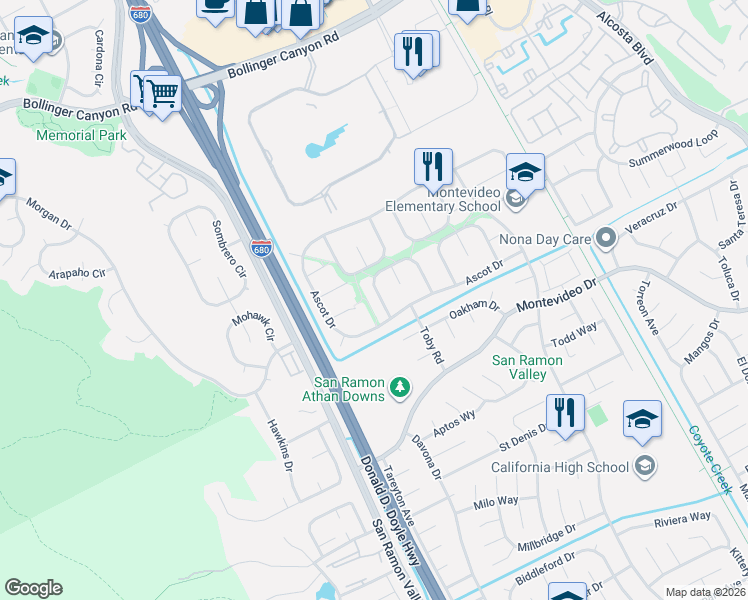 map of restaurants, bars, coffee shops, grocery stores, and more near 515 Burns Circle in San Ramon