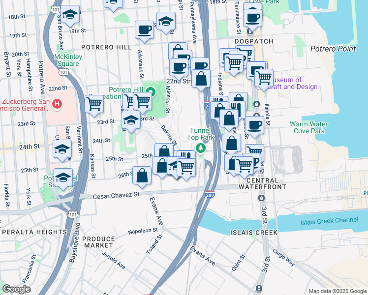map of restaurants, bars, coffee shops, grocery stores, and more near 1064 Mississippi Street in San Francisco