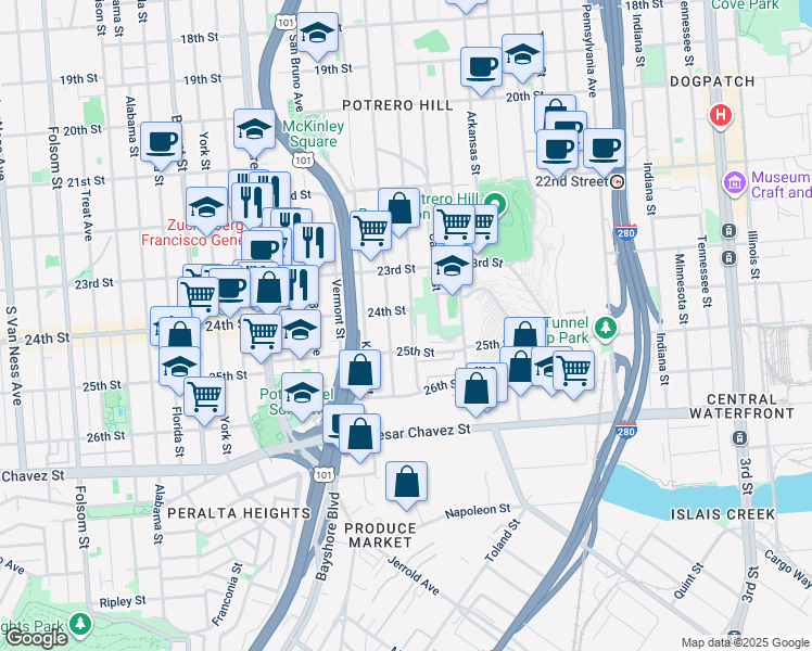 map of restaurants, bars, coffee shops, grocery stores, and more near 1332 De Haro Street in San Francisco