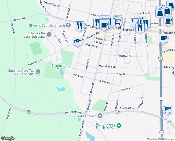 map of restaurants, bars, coffee shops, grocery stores, and more near 400 Duncan Street in Ashland