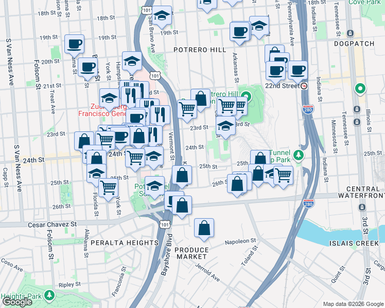 map of restaurants, bars, coffee shops, grocery stores, and more near 1287 Rhode Island Street in San Francisco