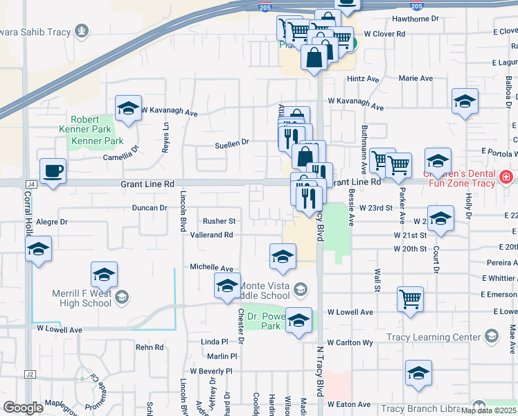 map of restaurants, bars, coffee shops, grocery stores, and more near 2298 Sudbury Court in Tracy