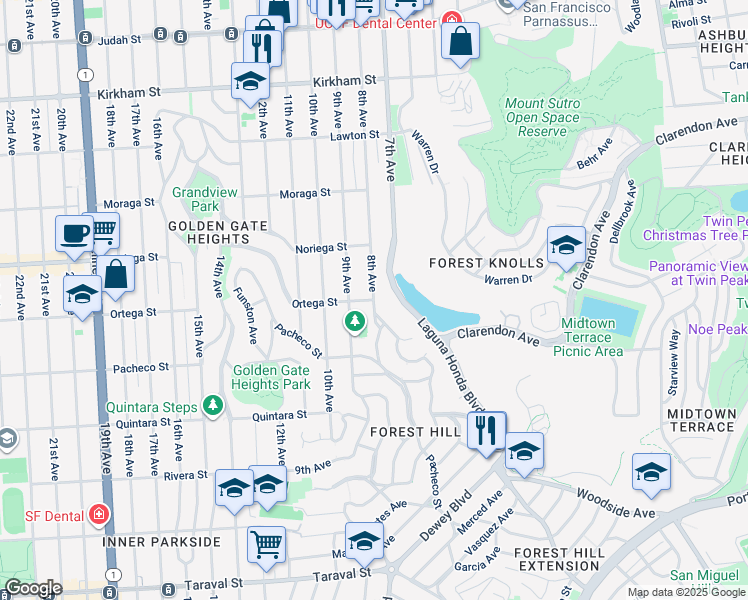 map of restaurants, bars, coffee shops, grocery stores, and more near Ortega Street & 8th Avenue in San Francisco