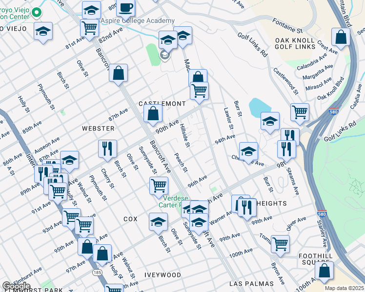 map of restaurants, bars, coffee shops, grocery stores, and more near 9207 Hillside Street in Oakland