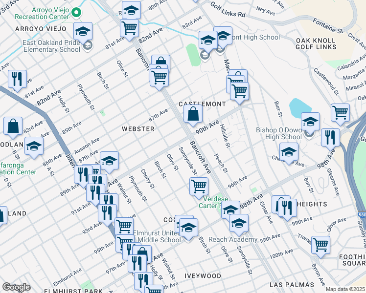 map of restaurants, bars, coffee shops, grocery stores, and more near 2123 90th Avenue in Oakland