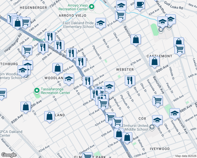 map of restaurants, bars, coffee shops, grocery stores, and more near 1600 86th Avenue in Oakland