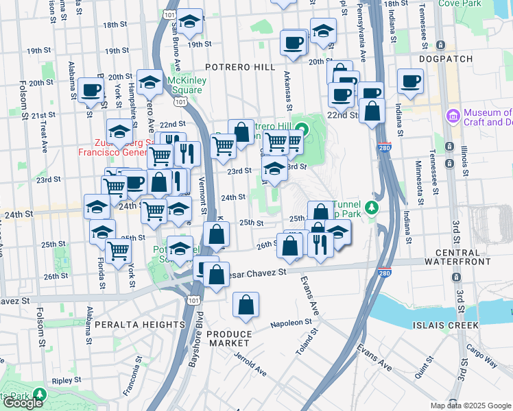 map of restaurants, bars, coffee shops, grocery stores, and more near in San Francisco