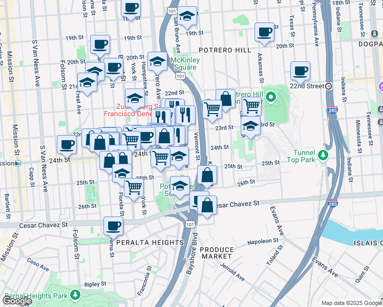 map of restaurants, bars, coffee shops, grocery stores, and more near in San Francisco