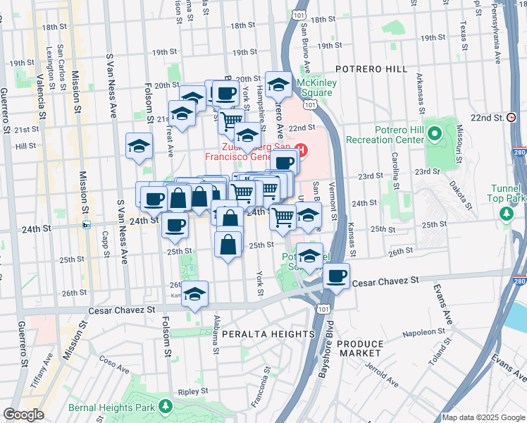 map of restaurants, bars, coffee shops, grocery stores, and more near in San Francisco