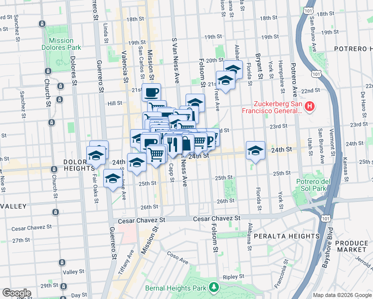 map of restaurants, bars, coffee shops, grocery stores, and more near in San Francisco
