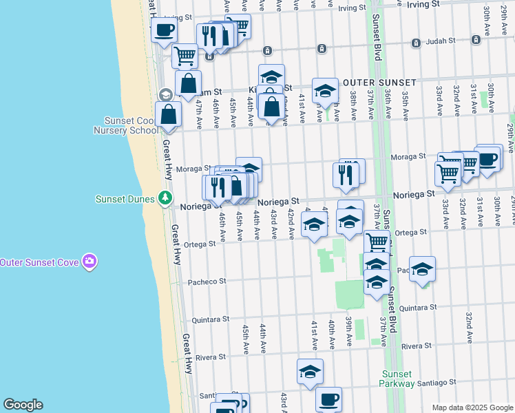 map of restaurants, bars, coffee shops, grocery stores, and more near 1775 44th Avenue in San Francisco