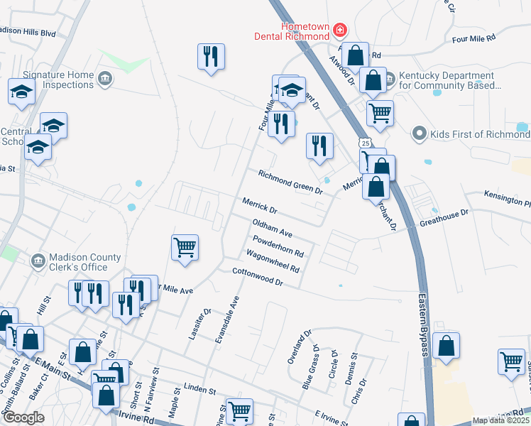 map of restaurants, bars, coffee shops, grocery stores, and more near 1017 Merrick Drive in Richmond