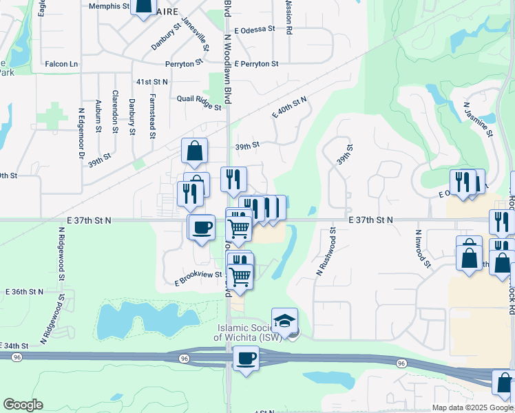 map of restaurants, bars, coffee shops, grocery stores, and more near 17 Chisholm Creek Drive in Wichita