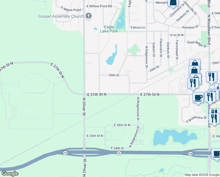 map of restaurants, bars, coffee shops, grocery stores, and more near 5117 E 39th St N in Bel Aire