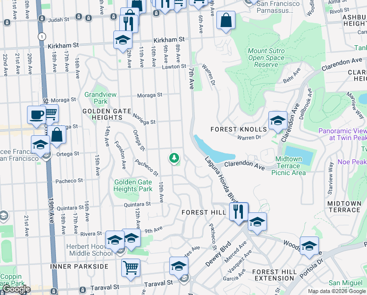 map of restaurants, bars, coffee shops, grocery stores, and more near 2 Ortega Street in San Francisco