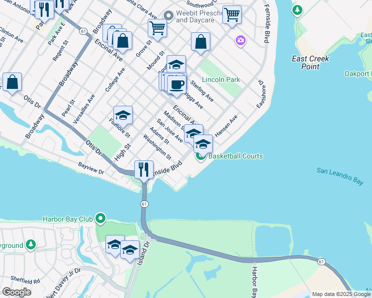 map of restaurants, bars, coffee shops, grocery stores, and more near 3286 San Jose Avenue in Alameda