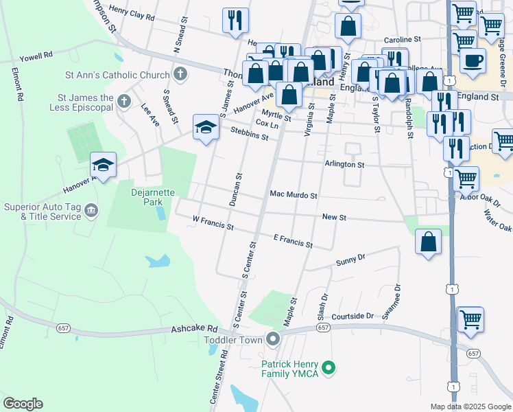 map of restaurants, bars, coffee shops, grocery stores, and more near 802 South Center Street in Ashland
