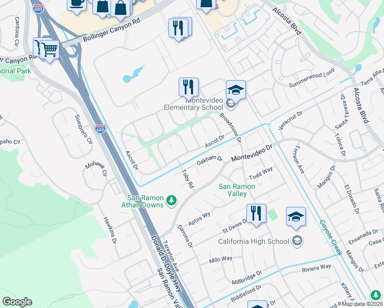 map of restaurants, bars, coffee shops, grocery stores, and more near 573 Burns Circle in San Ramon