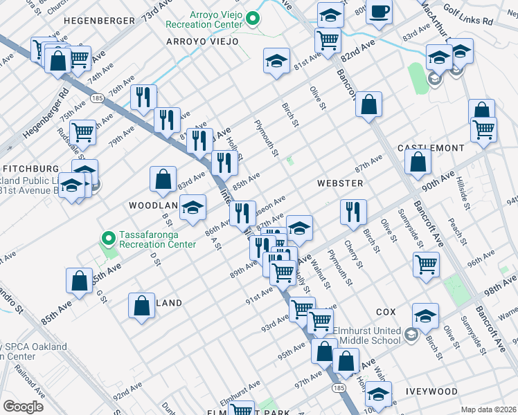 map of restaurants, bars, coffee shops, grocery stores, and more near 1600 86th Avenue in Oakland